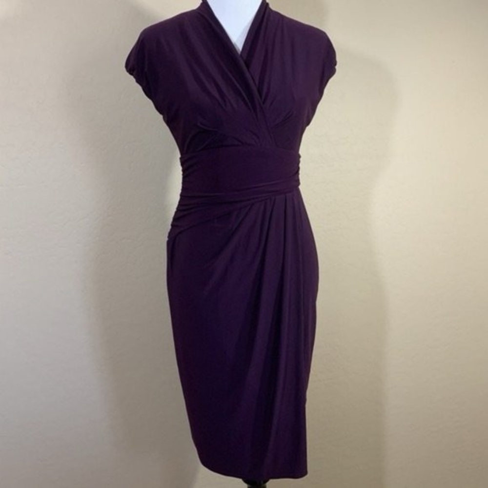 Chaps Like New Plum V Neck Cap Sleeve Faux Wrap Dress Size Small